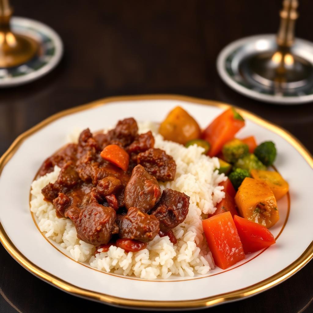 Rice and beef with sides
